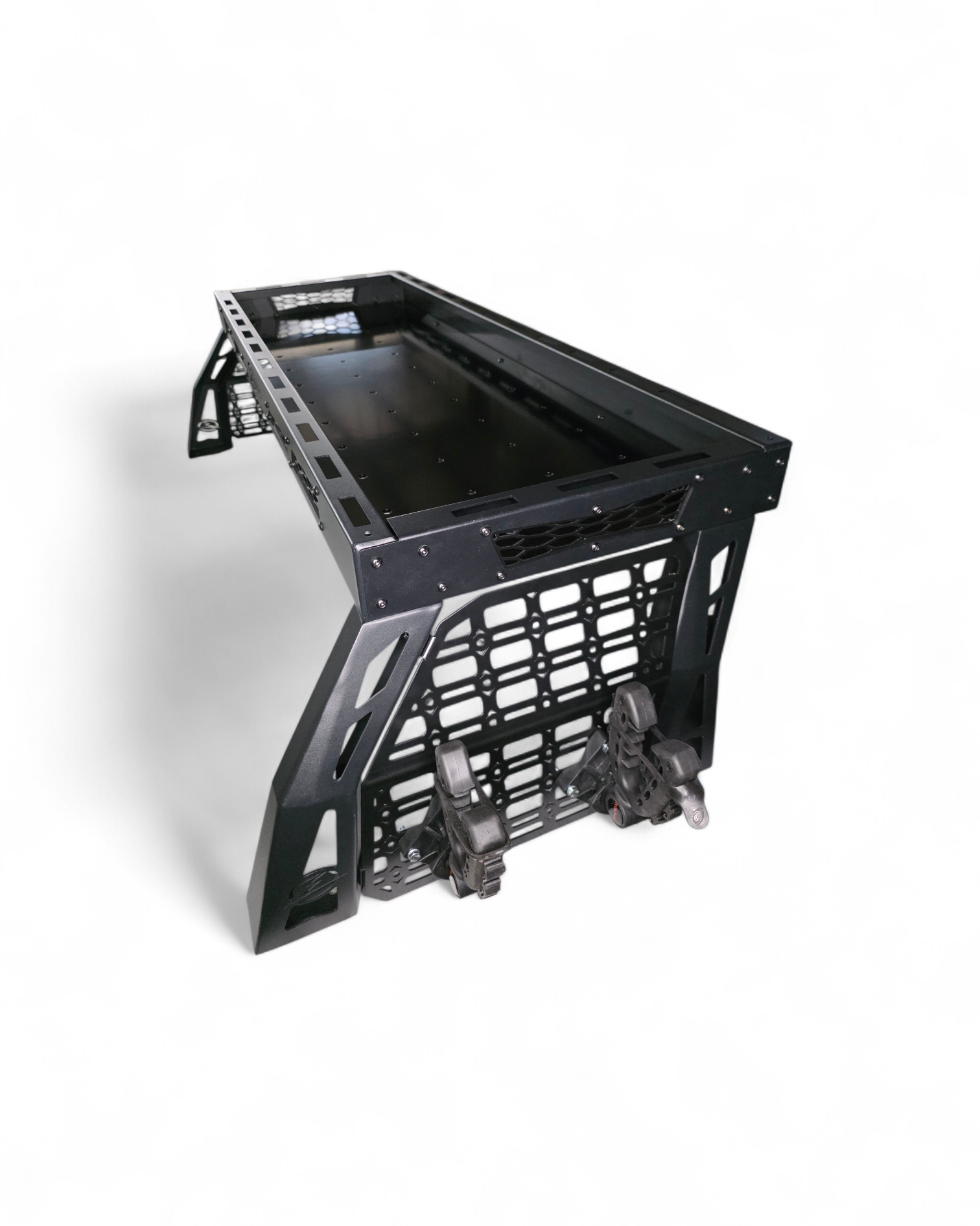 Hammer black finish texture close-up on Polaris Xpedition Volt short rack