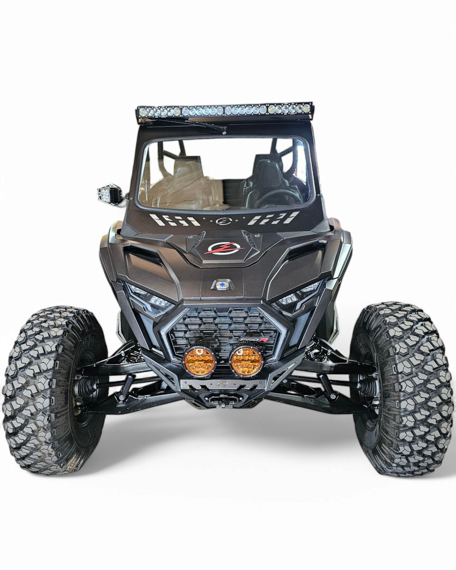 Hidden winch mount and fairlead slot detail on Polaris RZR Pro R front bumper