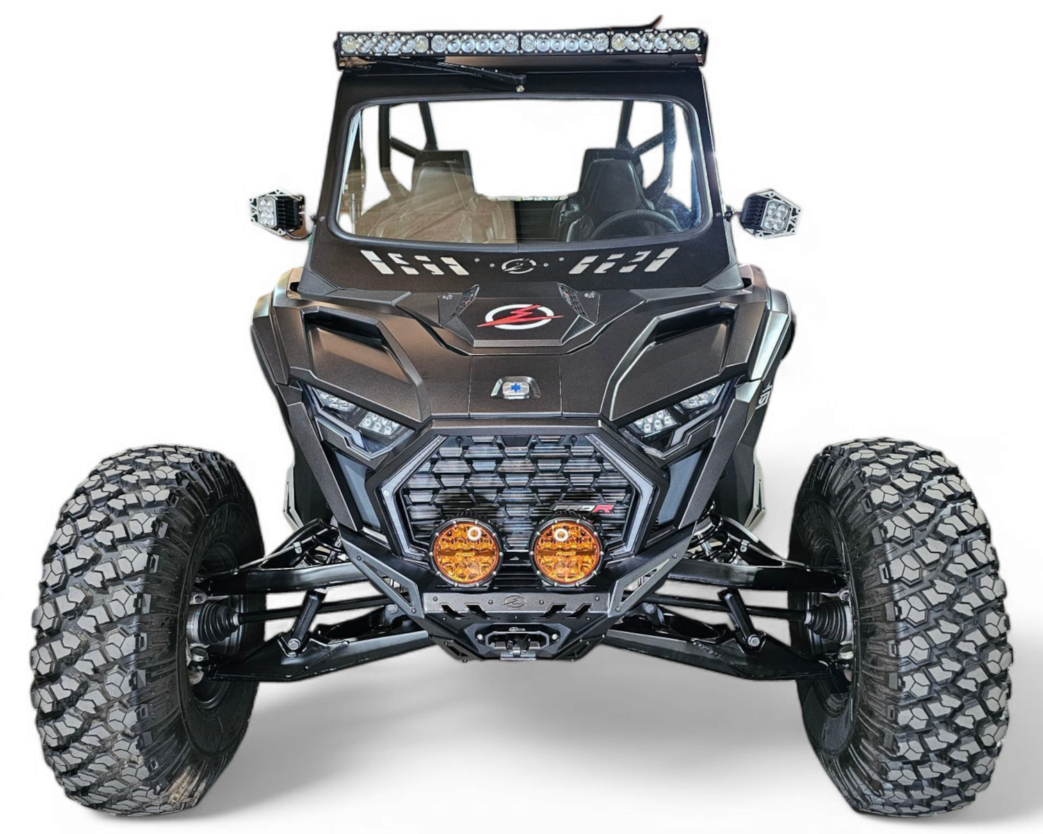 Direct front view of steel winch bumper on 2022 Polaris RZR Pro R