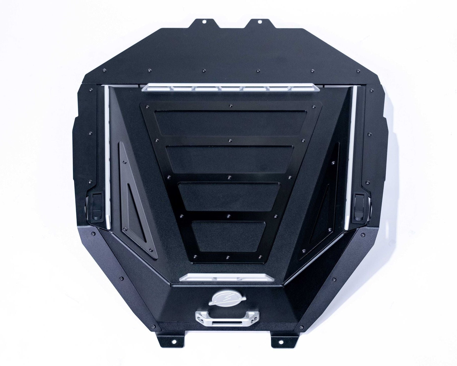 Polaris RZR Baja bed box shown with lid open and gear stored inside