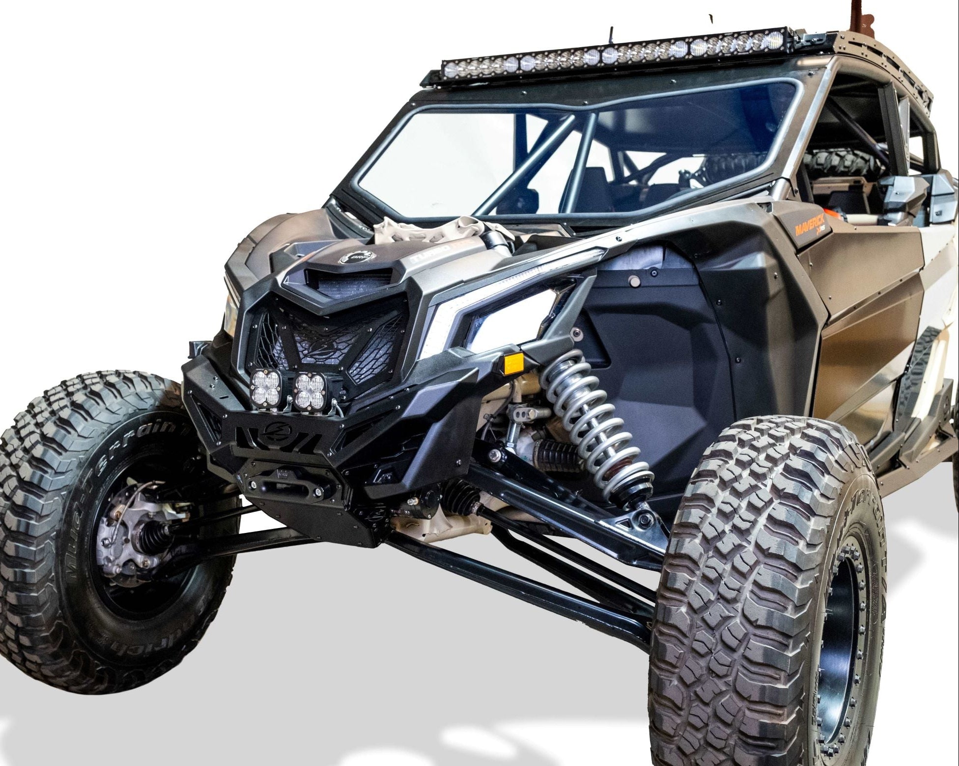 Hidden winch mount detail on Can-Am Maverick X3 Volt Series Front Bumper showing industry-standard bolt pattern for UTV winch installation