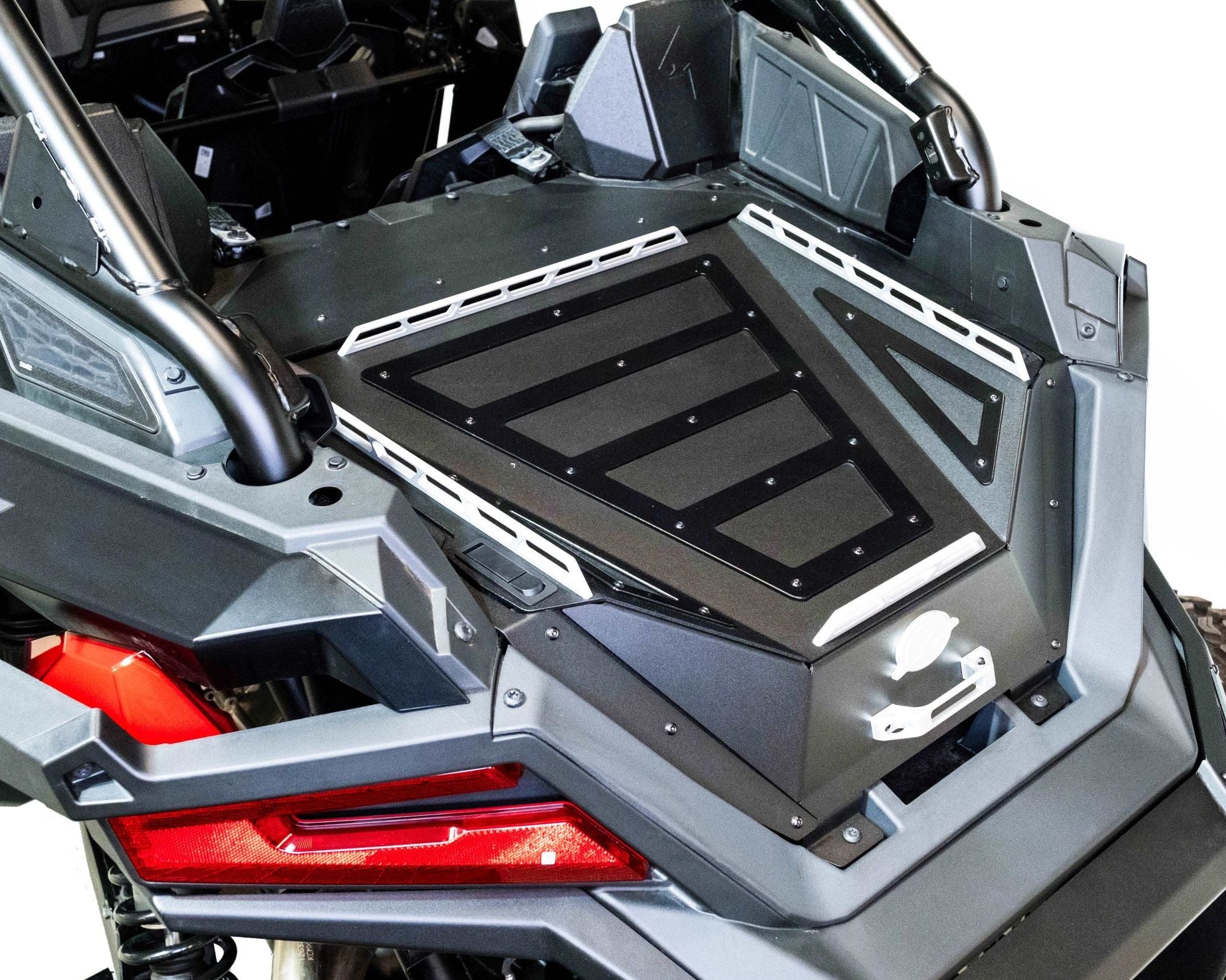 Volt Series Baja Bed Box installed on Polaris RZR showing steel storage box in hammer black finish