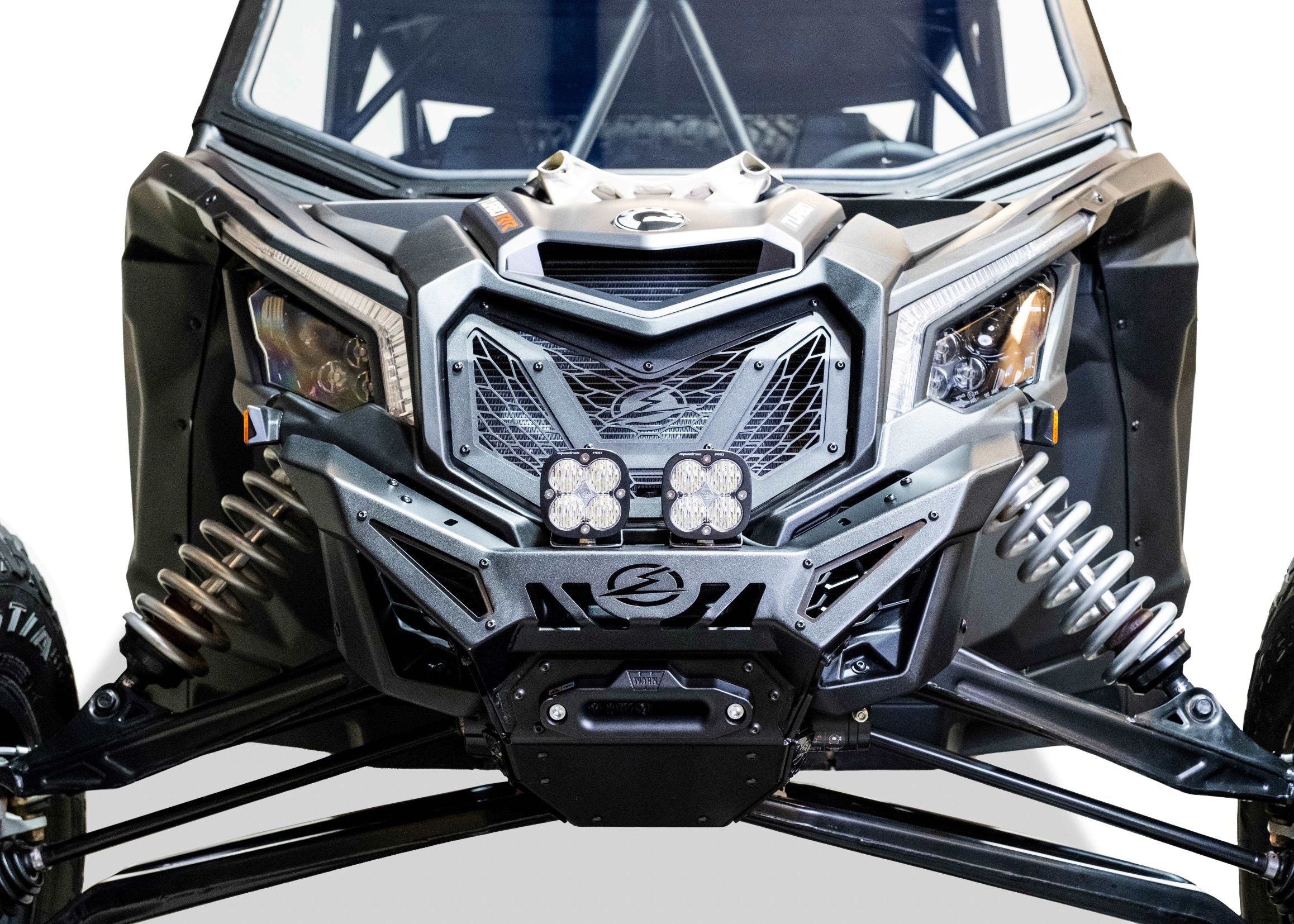 Volt Series Winch Front Bumper installed on Can-Am Maverick X3 showing hidden winch mount and hammer black powder coat finish
