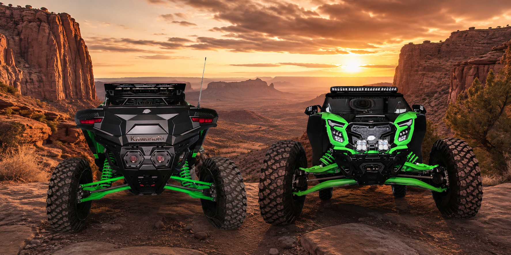 Two Kawasaki KRX-style UTVs with green suspension arms shown at sunset in a red rock canyon, rear view on the left showing roof rack and taillights, front view on the right showing light bar and front bumper