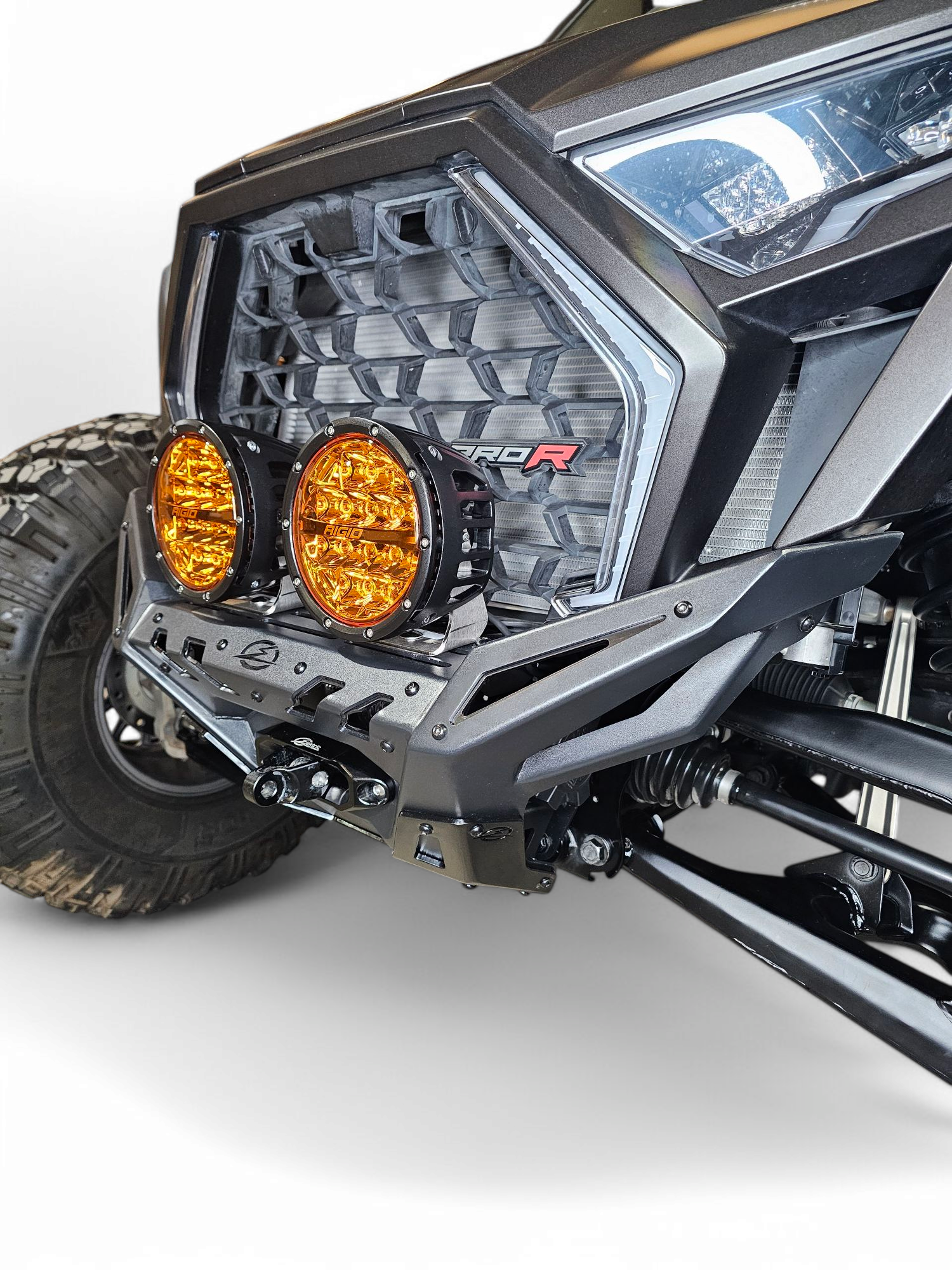 Side profile RZR Pro R aftermarket front bumper steel construction
