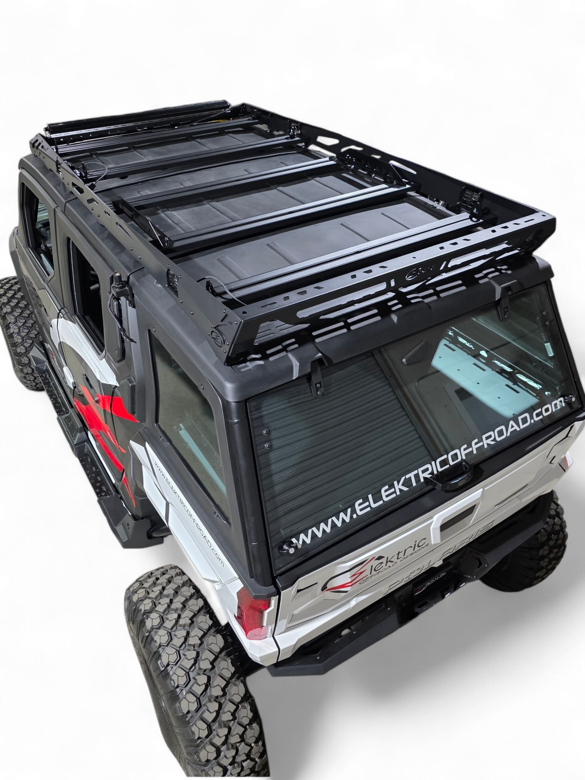 Rear top view of a Polaris Xpedition ADV5 with the EOD 4-Seat Roof Rack mounted on the roof
