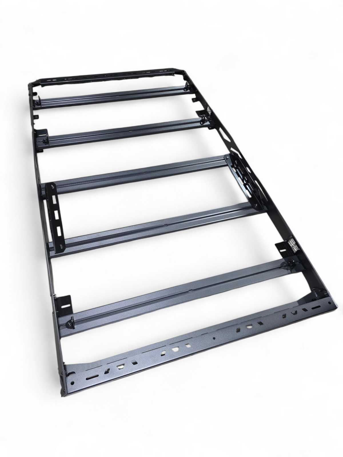 Diagonal top view of the roof rack frame showing the crossbar spacing