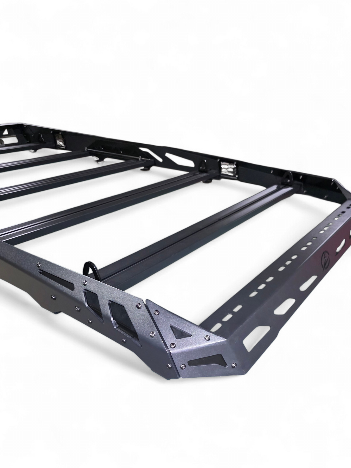 Roof rack frame from the corner, showing the rail and crossbar layout
