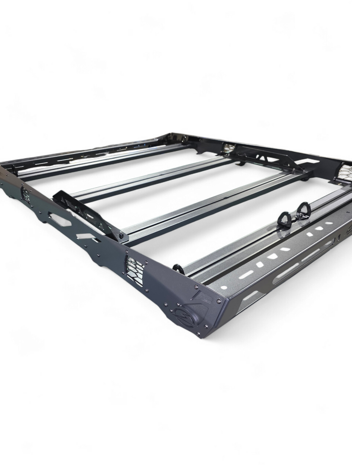 Corner view of the EOD roof rack frame showing crossbars and side rail cutouts