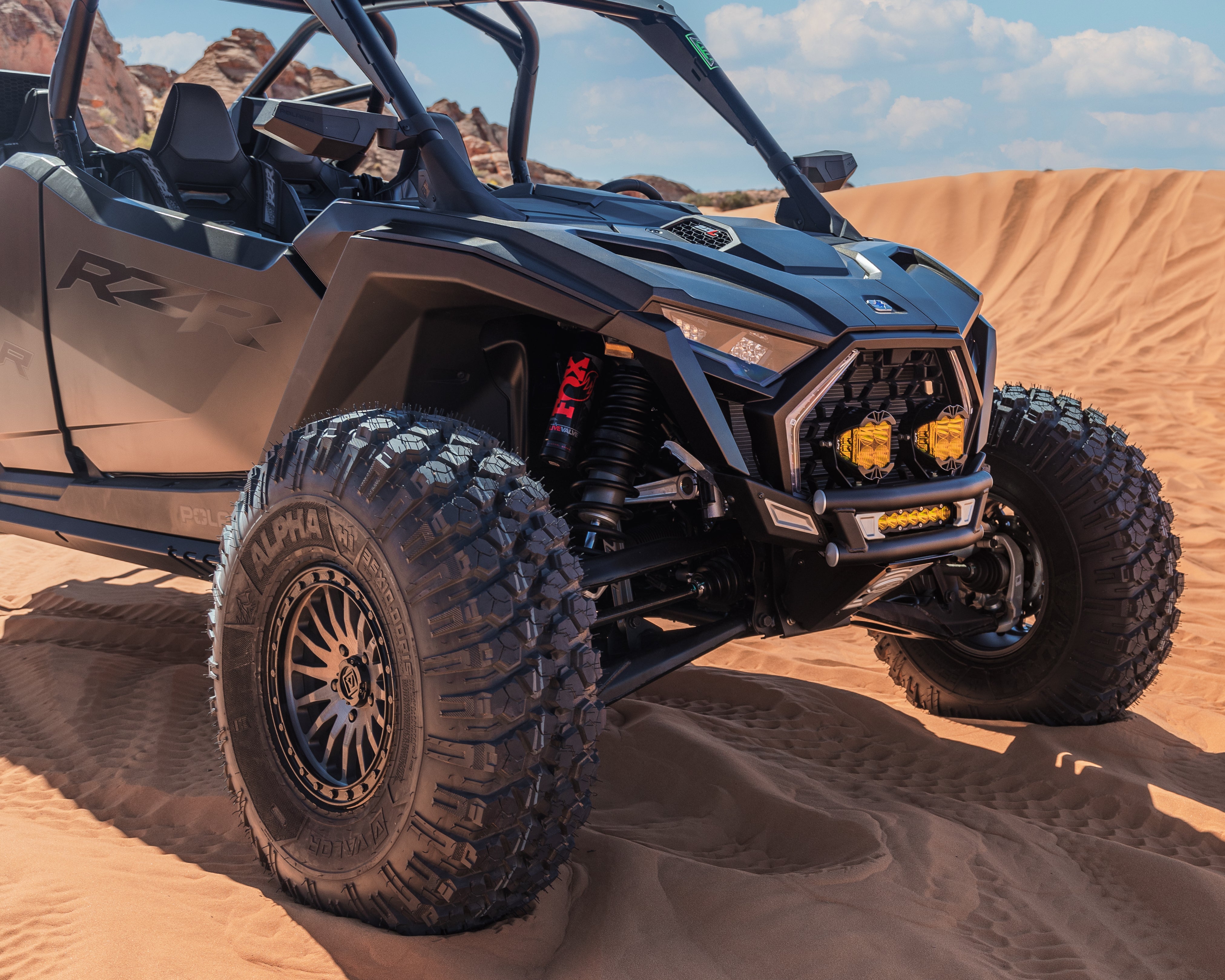 Direct front view of Polaris RZR Pro R Amp front bumper showing open tubular layout