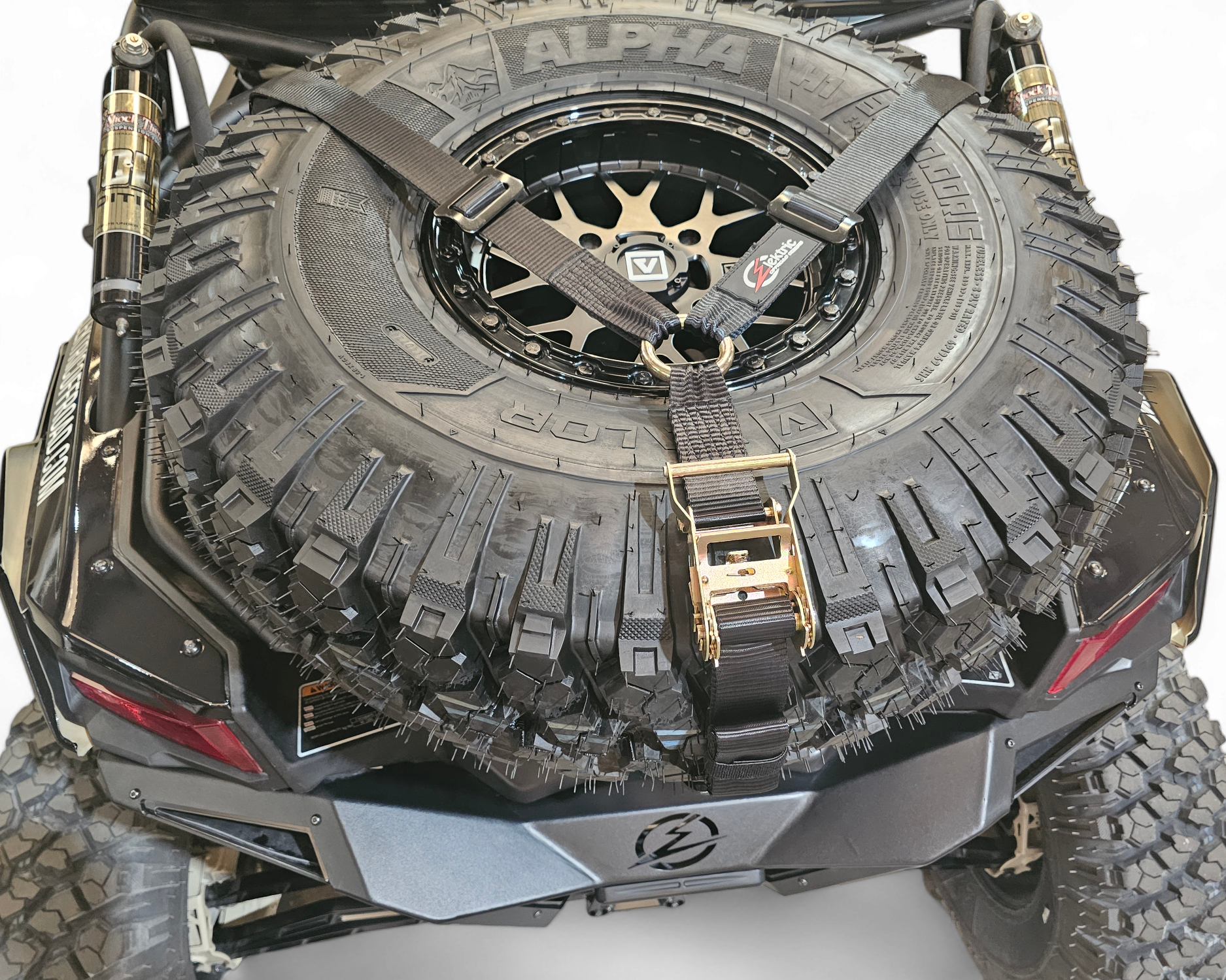 EOD Tire Y Strap shown securing an oversized off-road spare tire up to 40 inches
