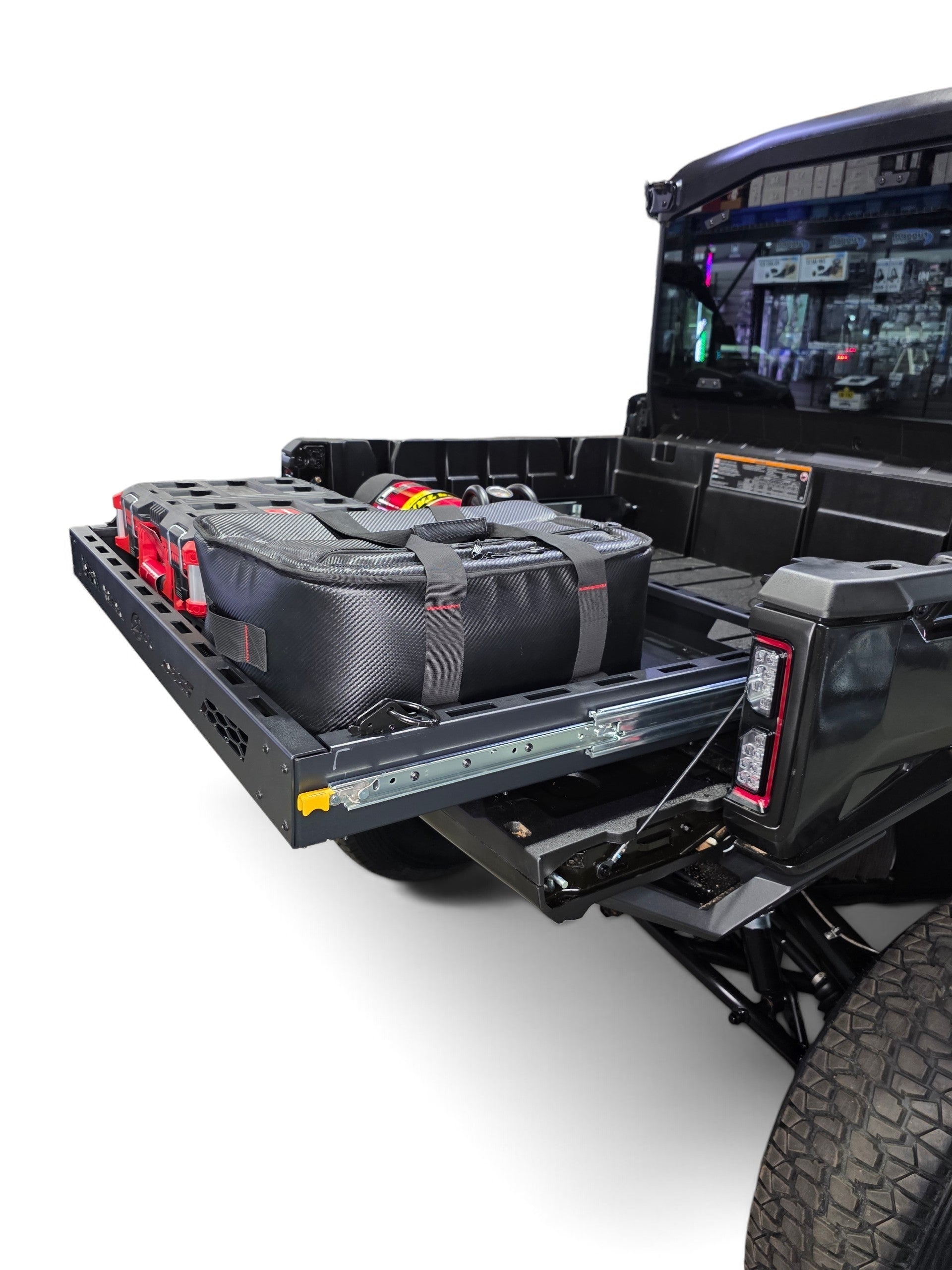 2016-2026 Can-Am Defender HD10 HD11 HDX Sliding Bed Drawer installed in cargo bed