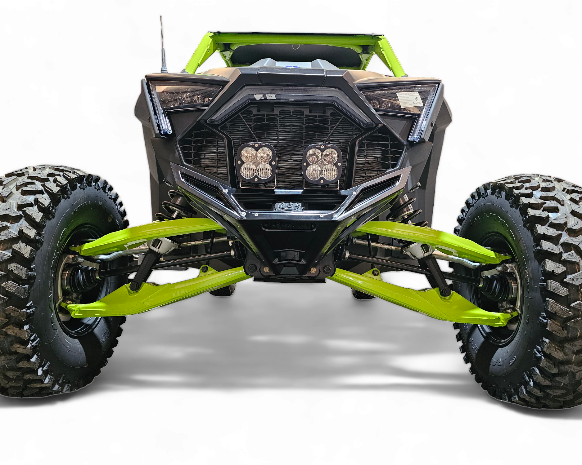 Winch installed behind Polaris RZR billet front bumper showing hidden mount integration