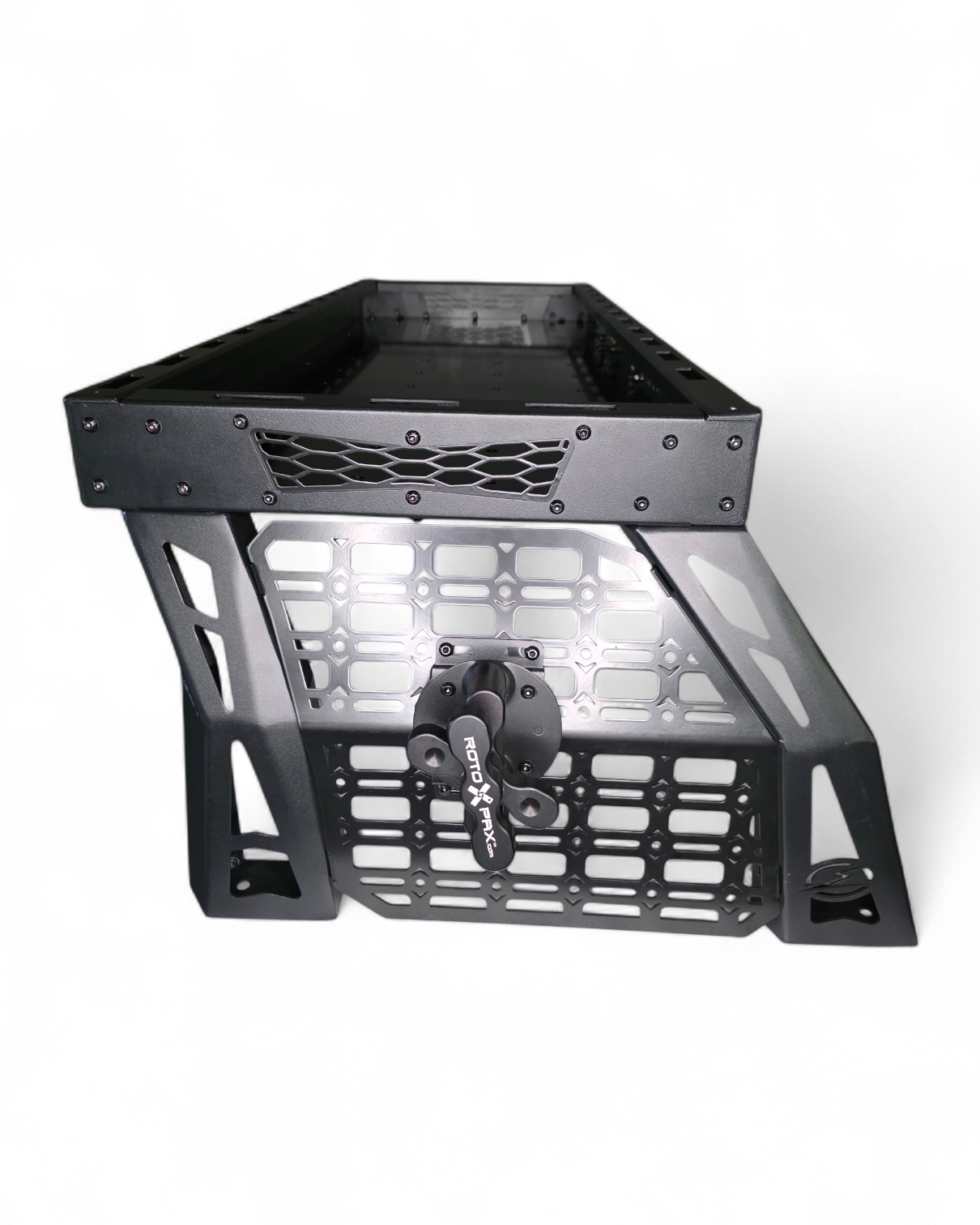 Hammer black finish texture close-up on Polaris Xpedition Volt short rack