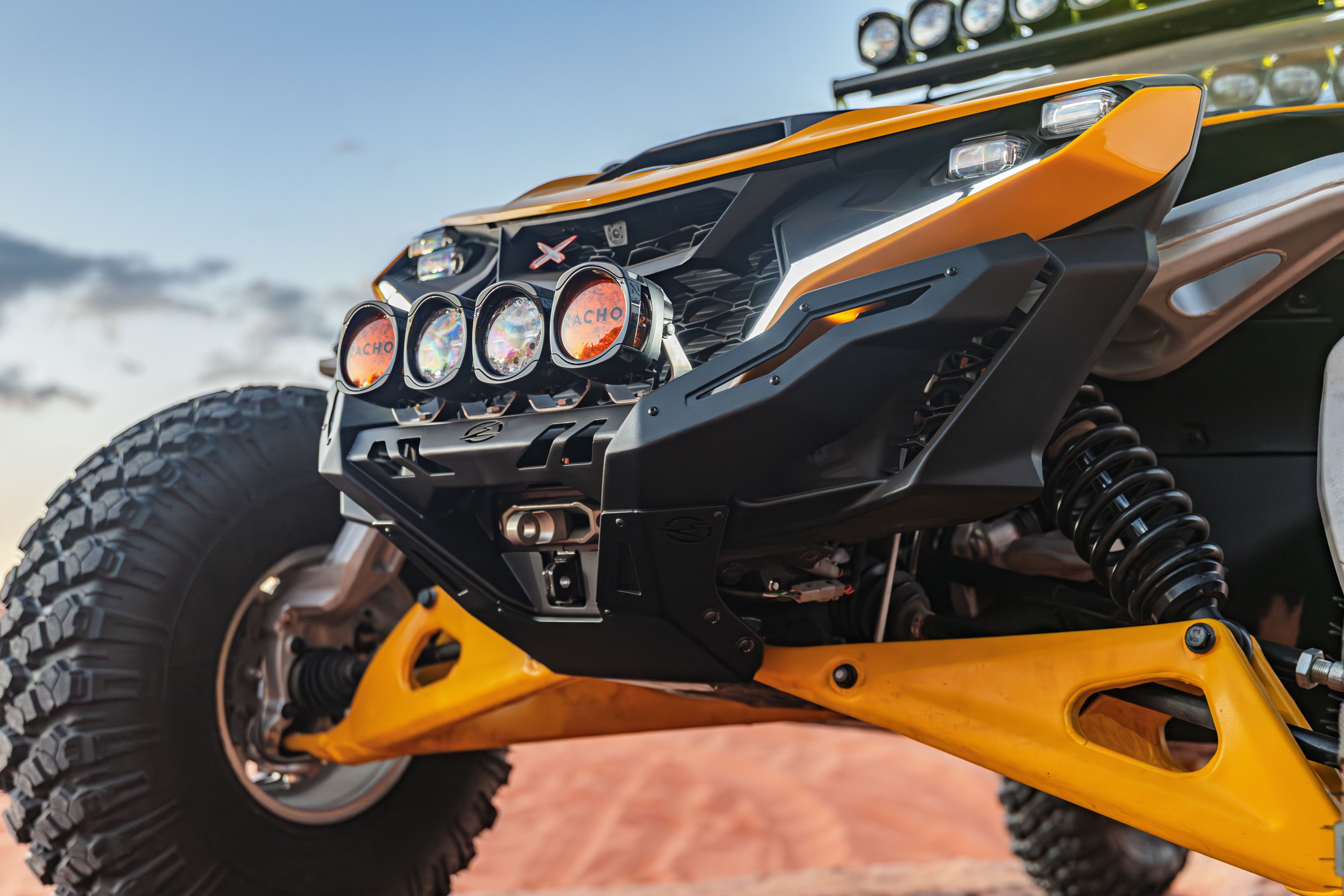 Side profile Volt series front bumper Can-Am Maverick R steel construction
